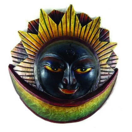 Sun and Moon Design Dark Blue Painted Wooden Mask For Decorative Wall Hangings